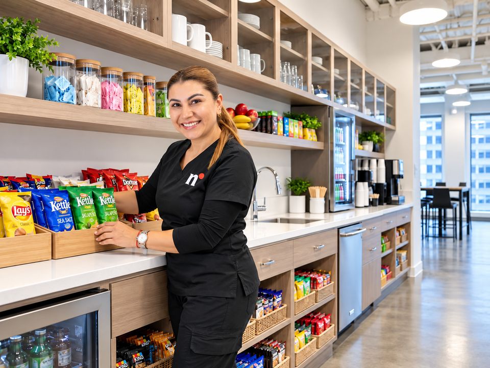 A Nomad Facilities team member restocking snacks in an office pantry