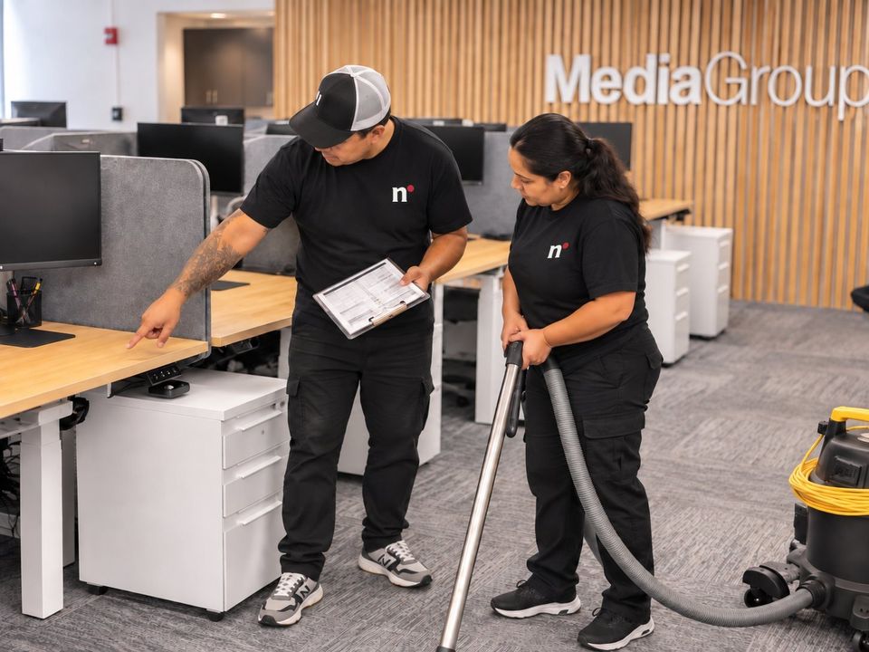 Nomad Facilities team members cleaning a client office together