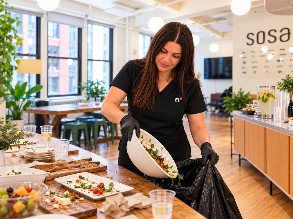 A Nomad Facilities site supervisor clearing a serving bowl after a catered event in a client office