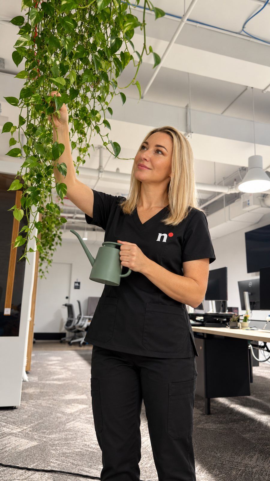 A Nomad Facilities team member caring for the plants in a client office