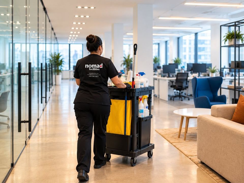 A Nomad Facilities team member with a stocked cleaning cart in a client's open office
